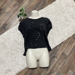 American Eagle Size XL Black Acid Wash Distressed Boxy Cropped Pullover Tee